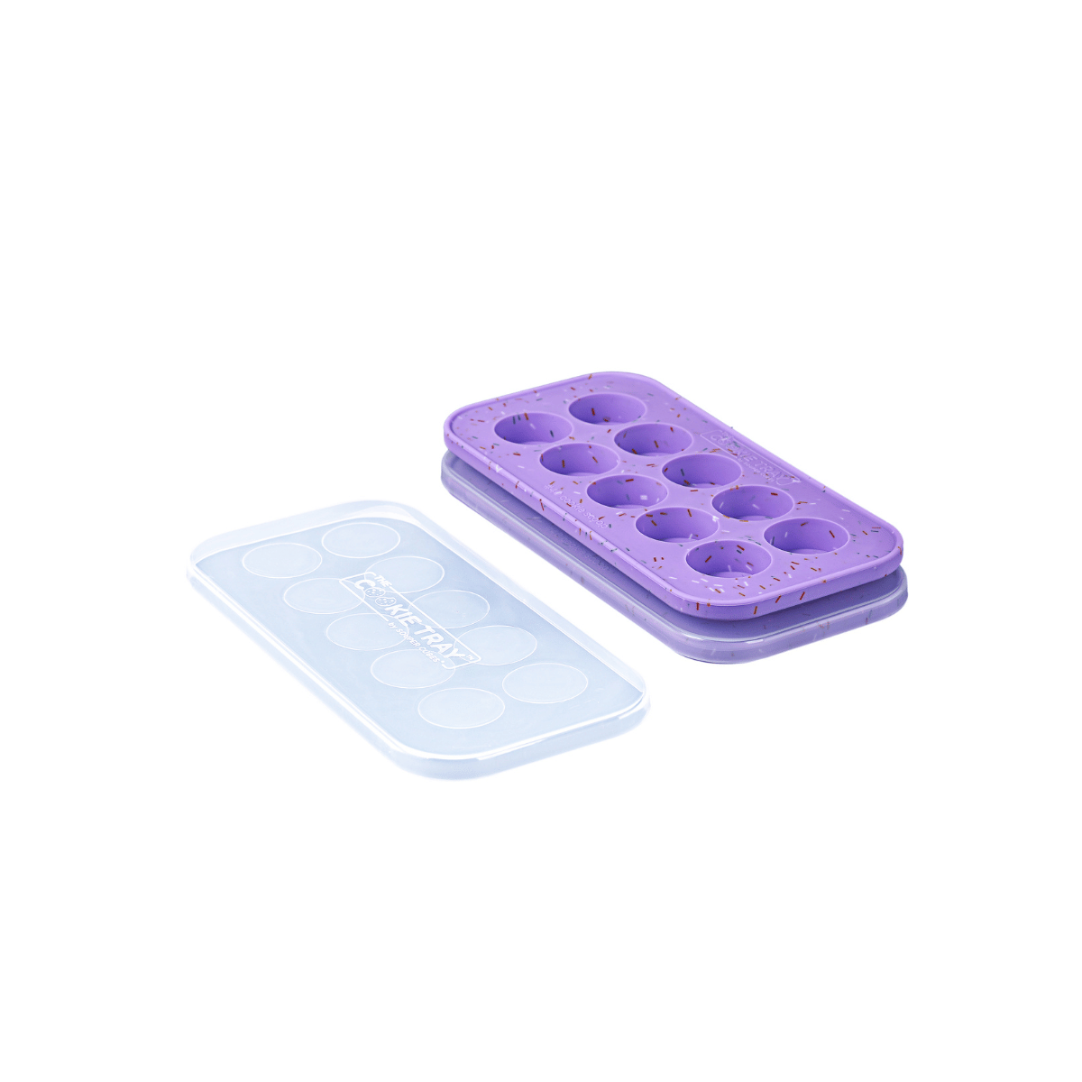 Purple silicone cookie dough tray with clear lid on a white background
